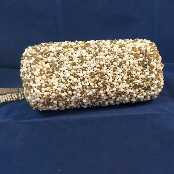 Beaded Clutch Bags Evening Bag Mini Beads Round Barrel White Gold Silver wrislet - Picture 9 of 10